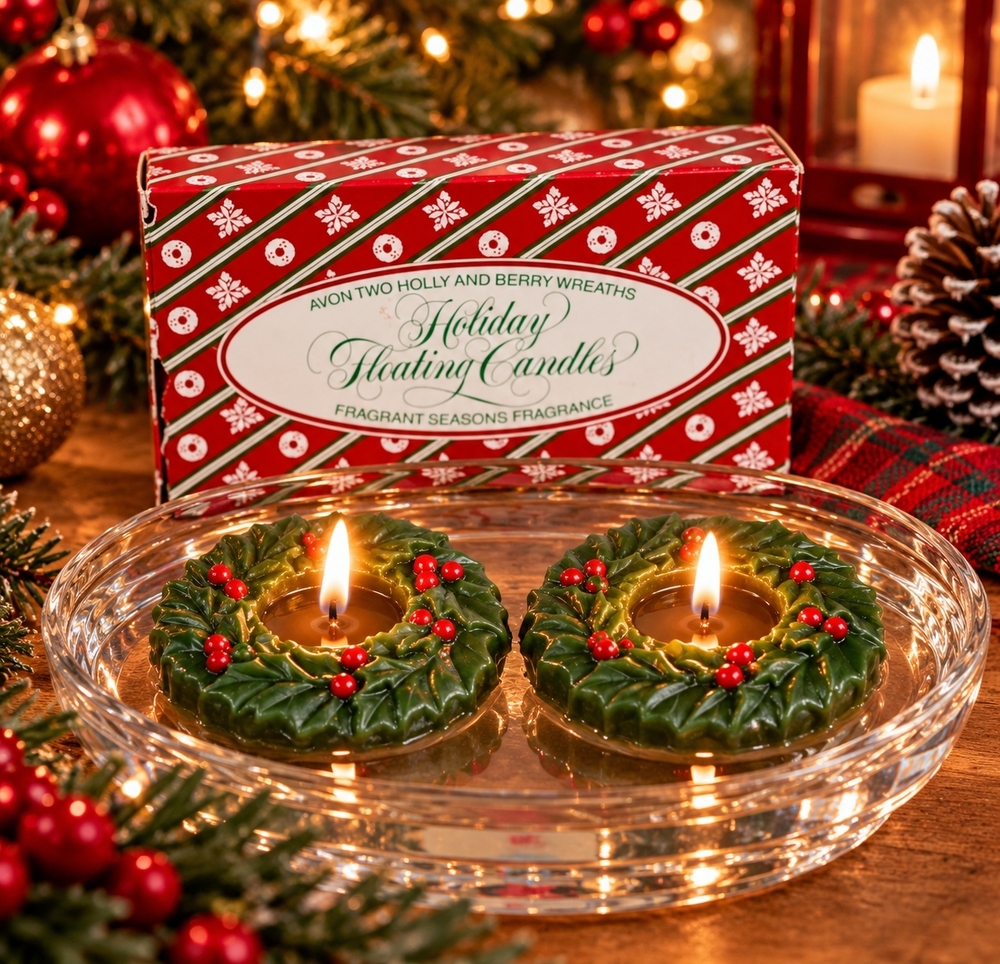 Vintage Avon Holly Berry Wreath Floating Candles Set of 2 Christmas NIB